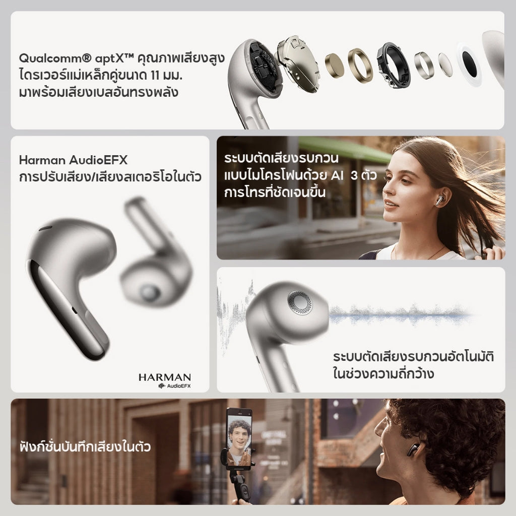 Xiaomi Mi Buds 5 Wireless Bluetooth Earphone Qualcomm® aptX™Audio บันทึกเสียงด้วยหูฟัง ปรับแต่งด้วย Harman AudioEFX