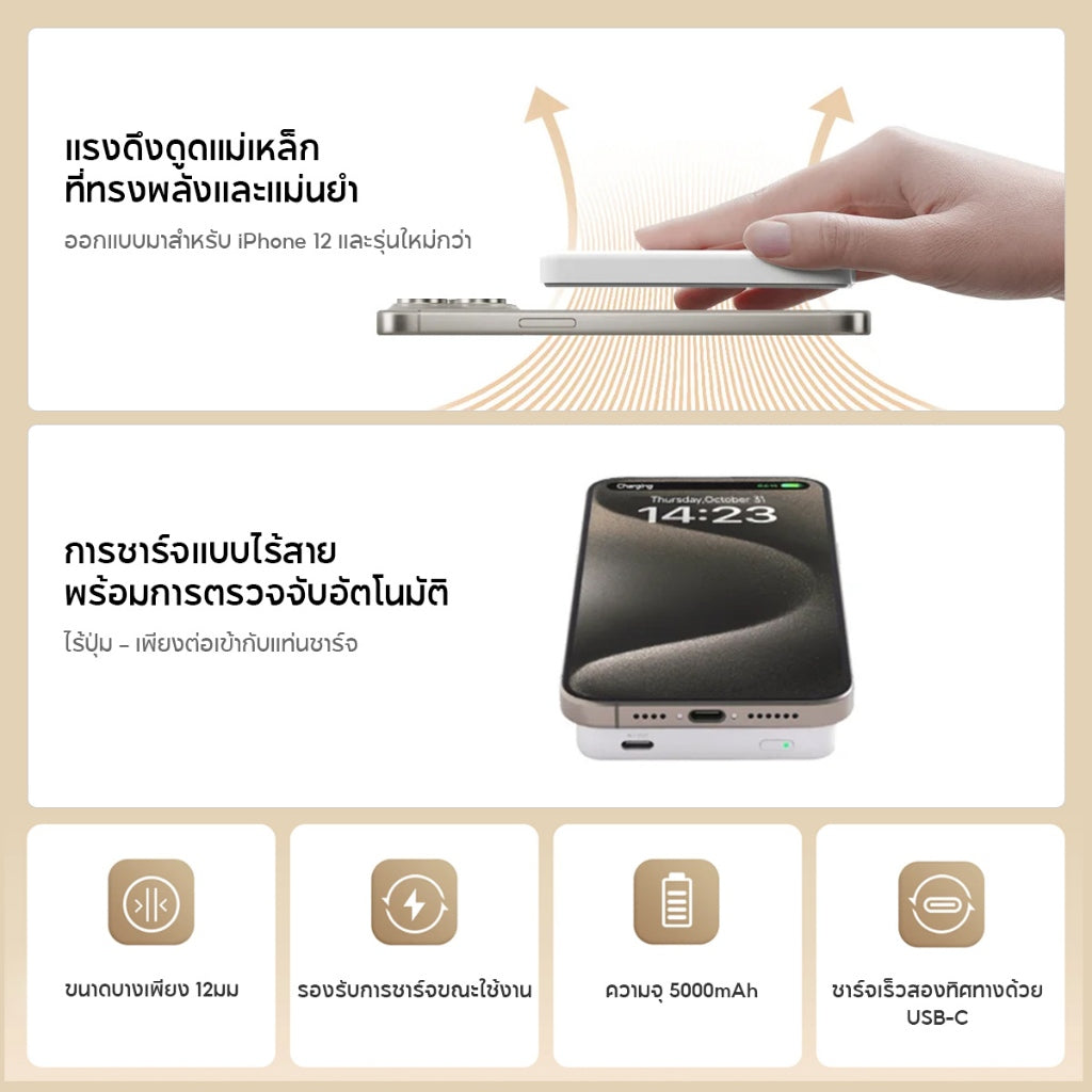 Xiaomi Magnetic Power Bank 5000mAh พาวเวอร์แบงค์ แบตสำรอง การชาร์จไร้สายอัตโนมัติ ความจุสูง 5000mAh