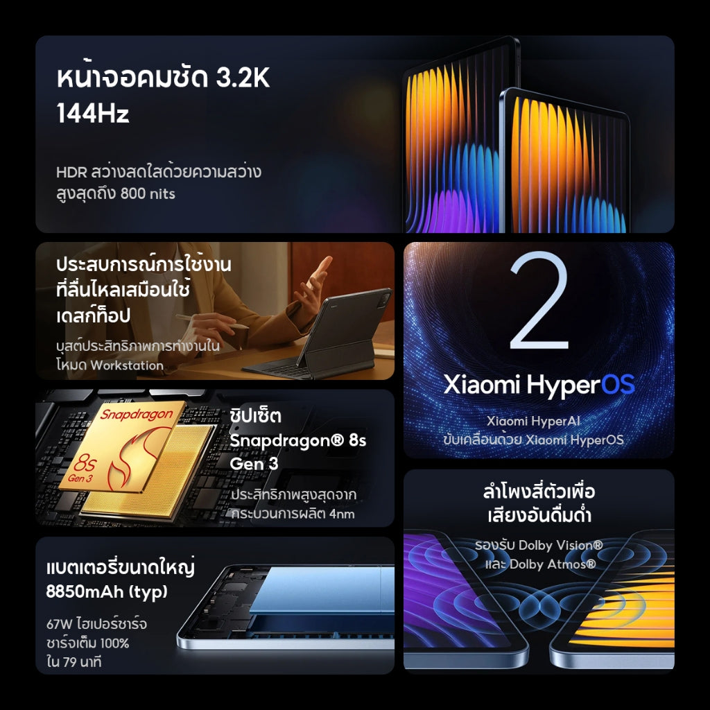 Xiaomi Pad 7 Pro แท็บเล็ต หน้าจอ 11.2 นิ้ว 3.2K 144Hz ชิปประมวลผล Snapdragon 8s 67W+8850mAh Xiaomi HyperOS