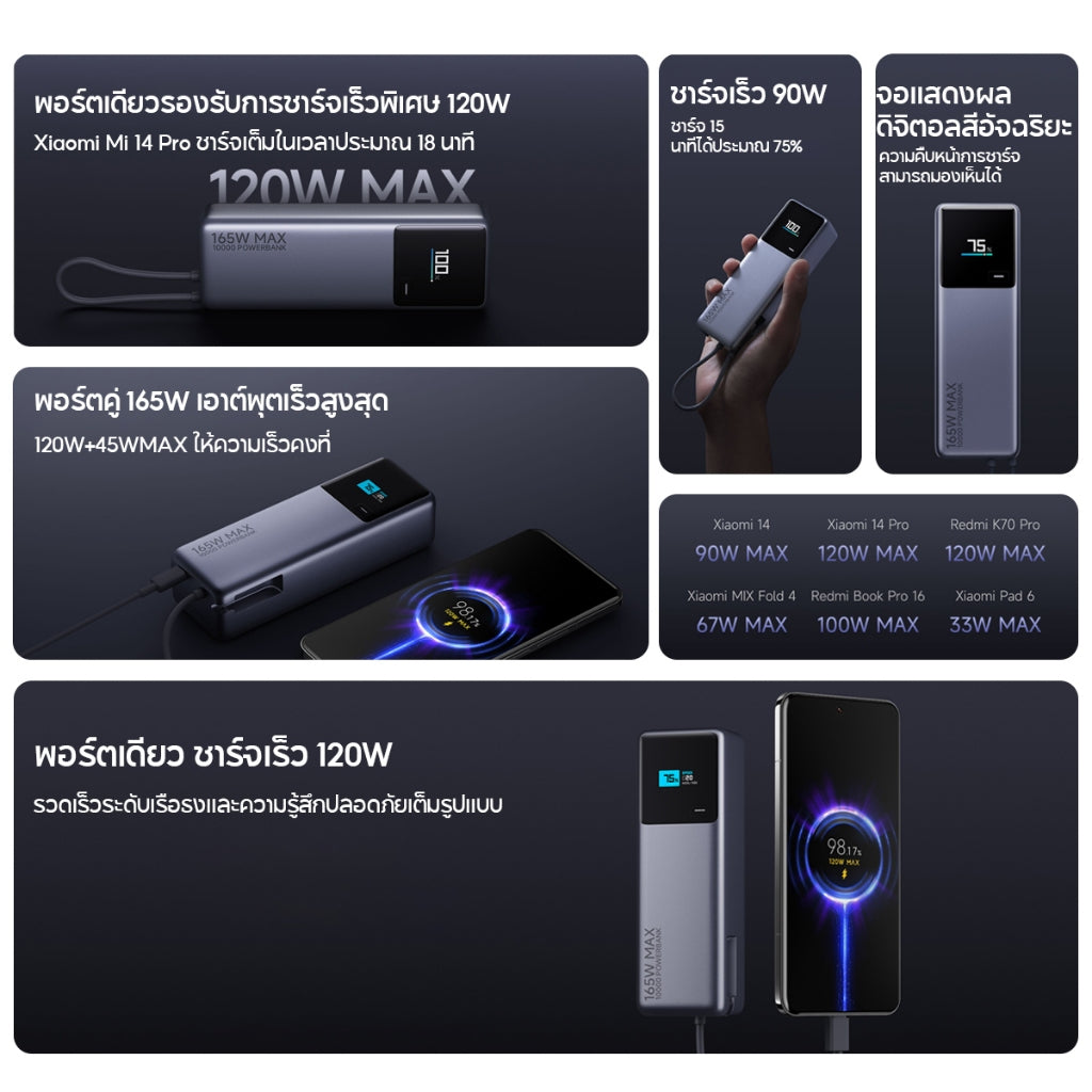 Xiaomi 120+45W Power Bank 10000 (Integrated Cable) พาวเวอร์แบงค์ แบตสำรอง เอาท์พุตสูงสุด 165W ความจุสูง 10000mAh