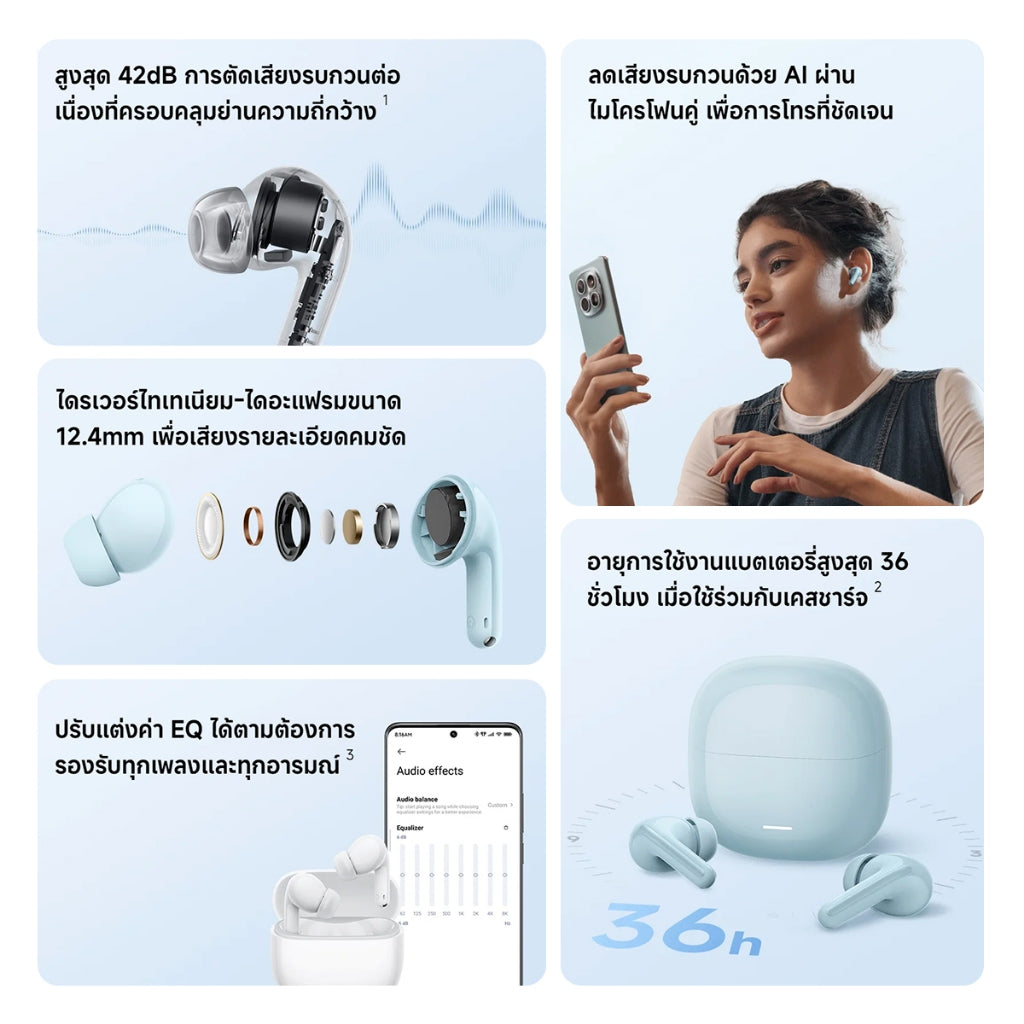 Xiaomi Redmi Buds 8 Lite Wireless Bluetooth Earphone แบตเตอรี่ใช้งานได้นาน 36 ชั่วโมงตัดเสียงรบกวน 42dB