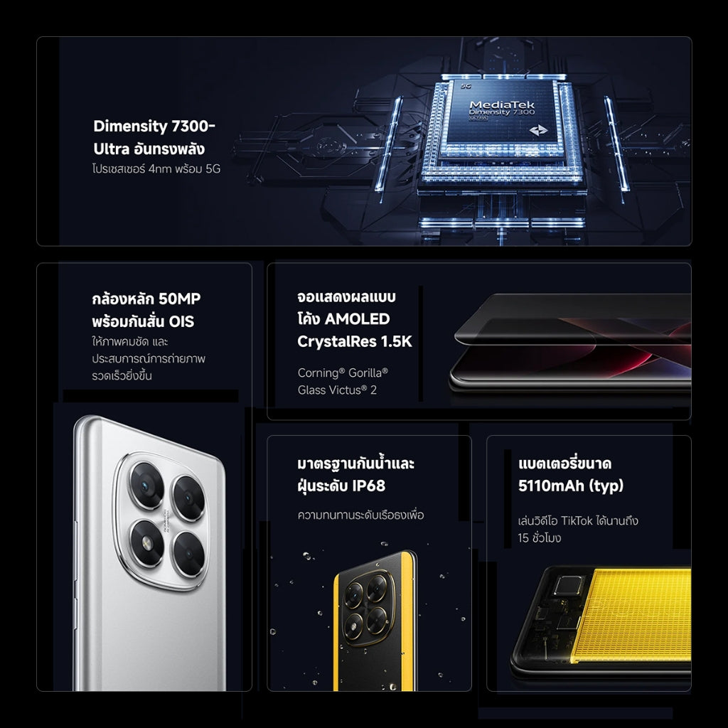 POCO X7 8+256GB ชิป MediaTek 7300 Ultra โทรศัพท์มือถือ หน้าจอเกม 6.67" 120Hz แบตเตอรี่ 5110mAh+ชาร์จเร็ว 45W