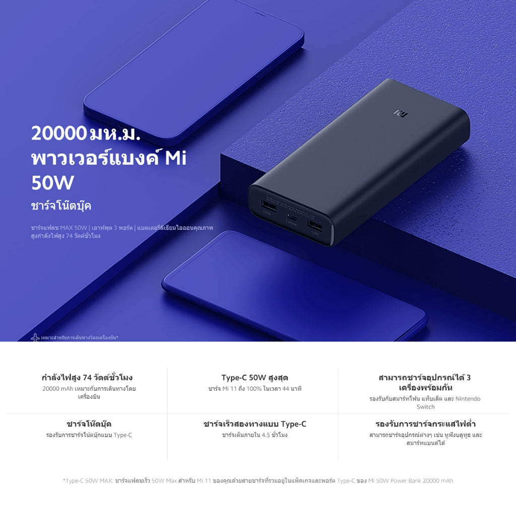 Xiaomi Mi 22.5W 10000mAh/10W Wireless 10000mAh พาวเวอร์แบงค์ แบตสำรอง เอาท์พุทสามช่อง ชาร์จเร็ว Type-C พกพาง่าย