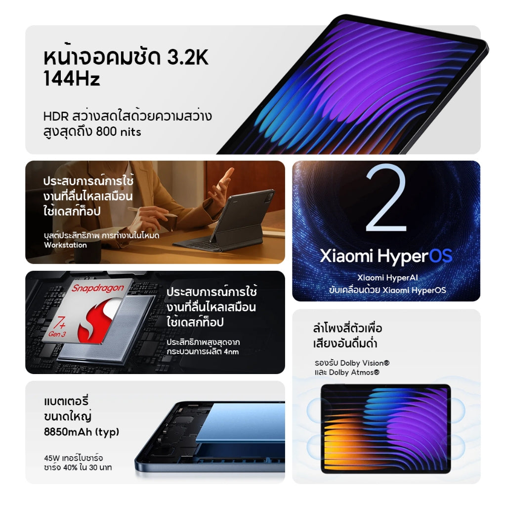 Xiaomi Pad 7 แท็บเล็ต หน้าจอ 11.2 นิ้ว 3.2K 144Hz ชิปประมวลผล Snapdragon 7+ 67W+8850mAh Xiaomi HyperOS