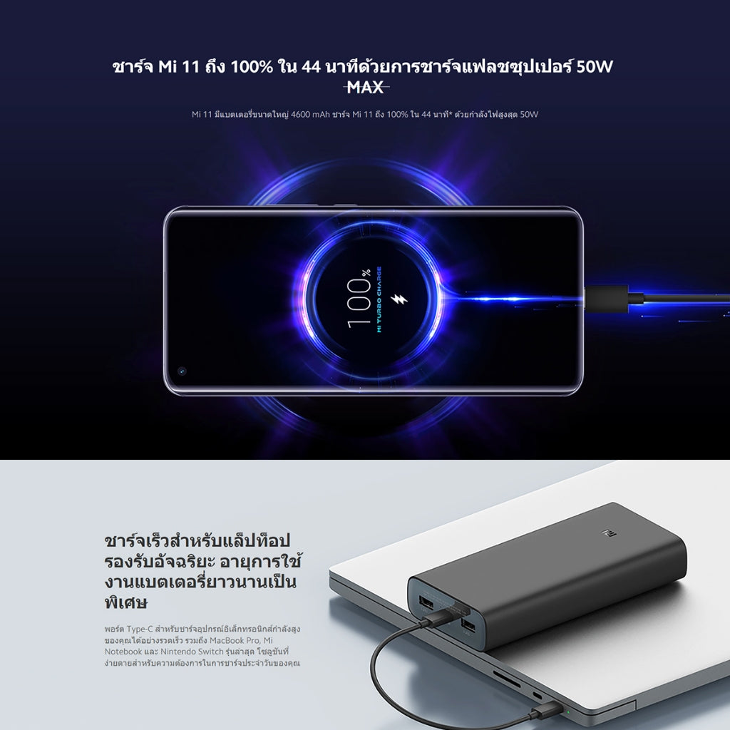 Xiaomi Mi 22.5W 10000mAh/10W Wireless 10000mAh พาวเวอร์แบงค์ แบตสำรอง เอาท์พุทสามช่อง ชาร์จเร็ว Type-C พกพาง่าย