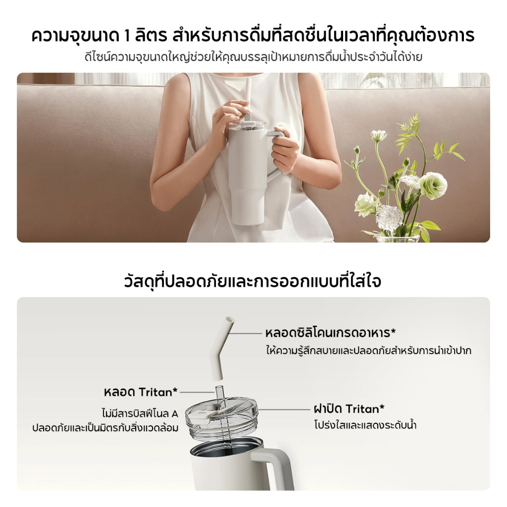 Xiaomi Straw Mug แก้วน้ำแบบพกพา แก้วน้ำพร้อมหลอด ความจุ 1L ภายในทำจากสแตนเลส 316L รักษาอุณหภูมิได้นาน 6 ชั่วโมง