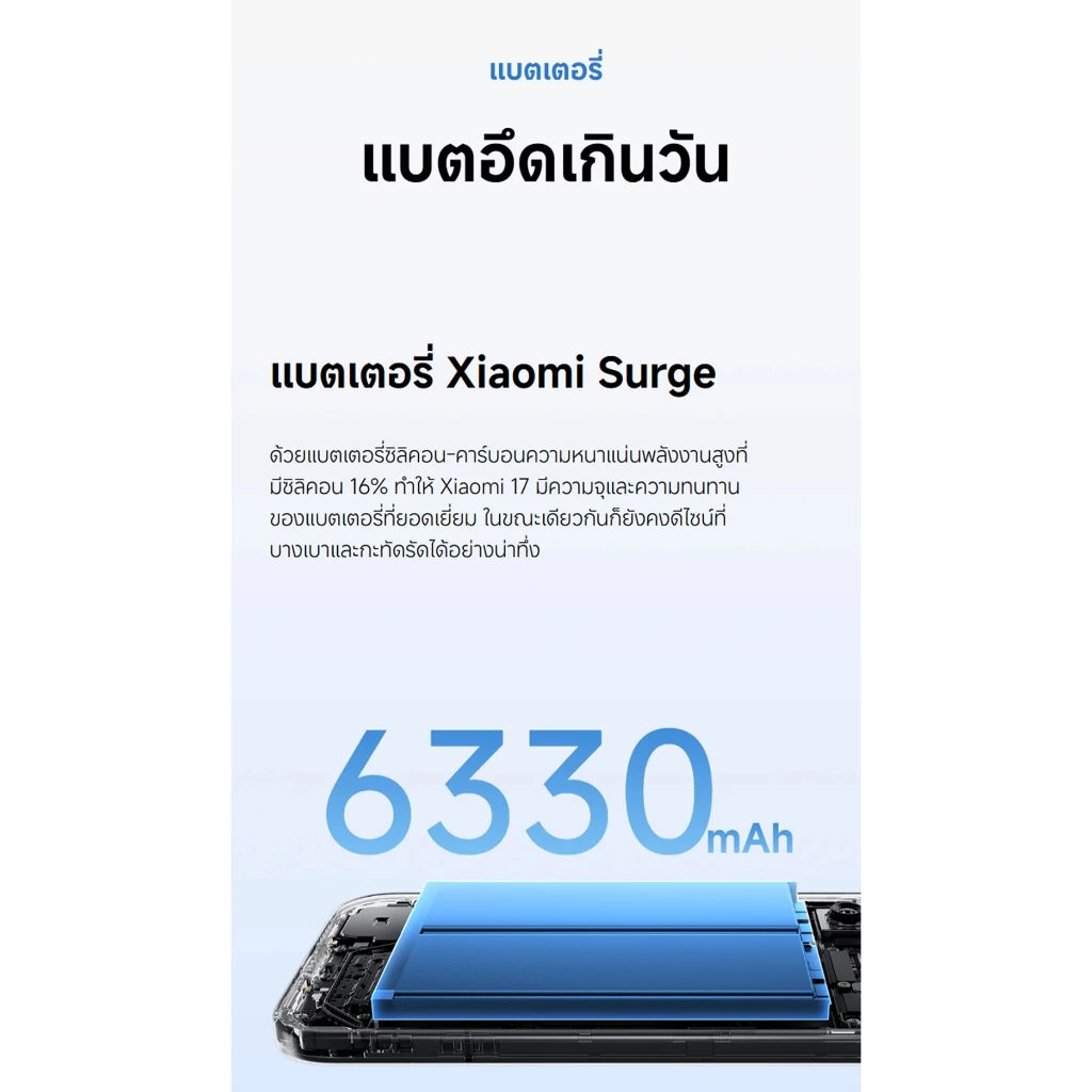 [NEW] Xiaomi 17 ชิปเซ็ต Snapdragon® 8 Elite Gen 5 แบตเตอรี่ Xiaomi Surge 6330mAh (typ) เลนส์ออปติคอล Summilux จาก Leica