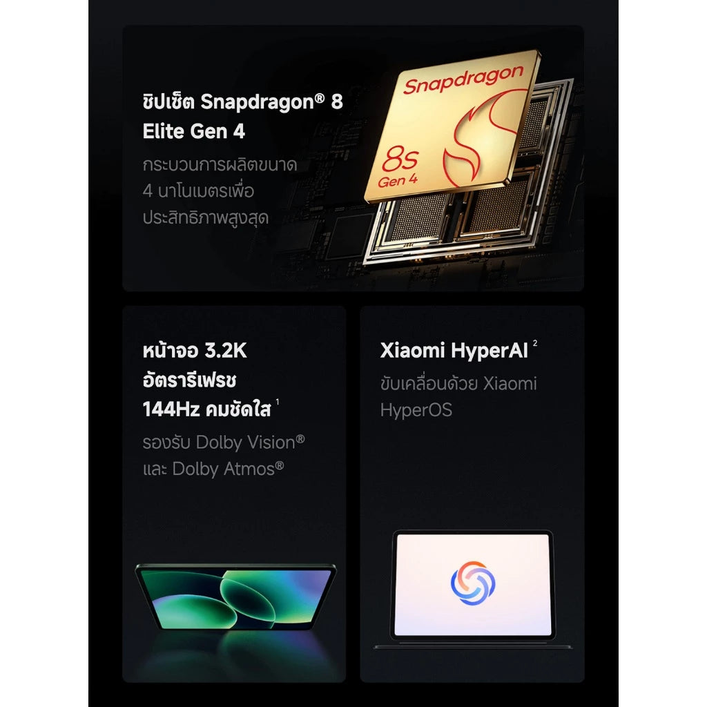 [NEW] Xiaomi Redmi Pad 8 ชิปเซ็ต Snapdragon® 8 Elite Gen 4 หน้าจอคมชัด 3.2K รีเฟรชเรท 144Hz แบตเตอรี่ 9200mAh (typ)